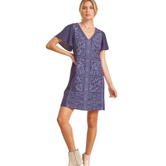 Savanna Jane Blue Embroidered Short Sleeve V Neck Dress Western Size Small - Picture 1 of 7